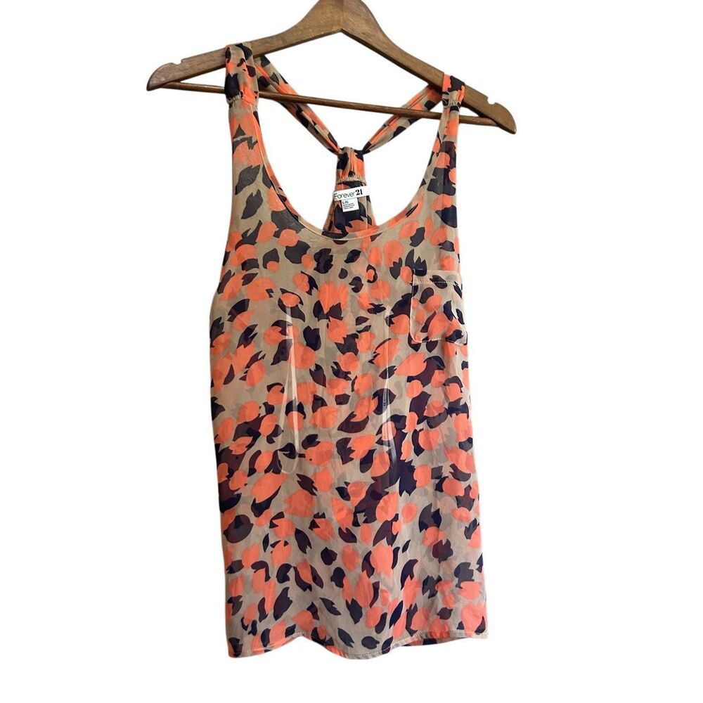 Forever 21 Sleeveless Tank Top Blouse Orange Navy Abstract Tie Back